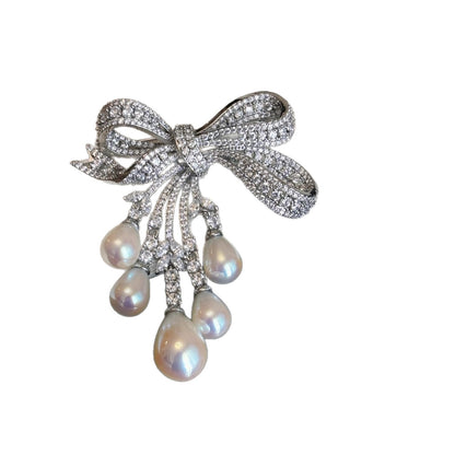 Affordable Luxury Full-Pavé Bow and Pearl Brooch