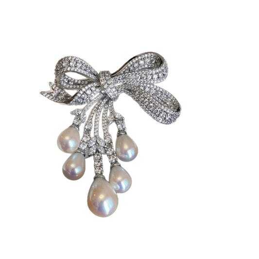 Affordable Luxury Full-Pavé Bow and Pearl Brooch
