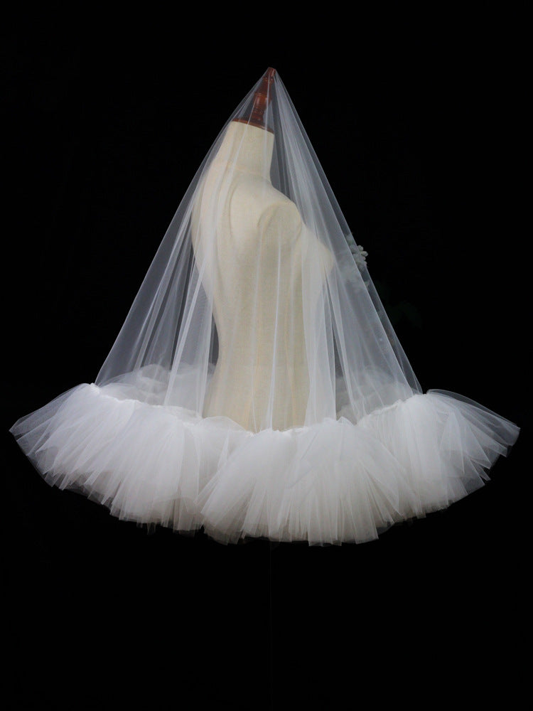 White Ruffles Tulle Wedding Veil Without Comb