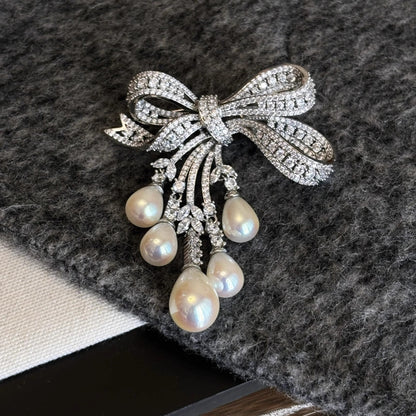 Affordable Luxury Full-Pavé Bow and Pearl Brooch