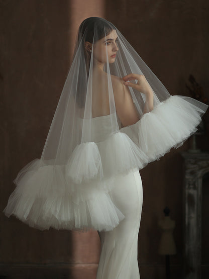 White Ruffles Tulle Wedding Veil Without Comb