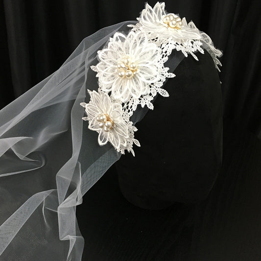 Vintage Flowers White Tulle Bridal Veil