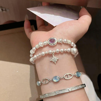 Sweet-style star-shaped rhinestone and pearl bracelet
