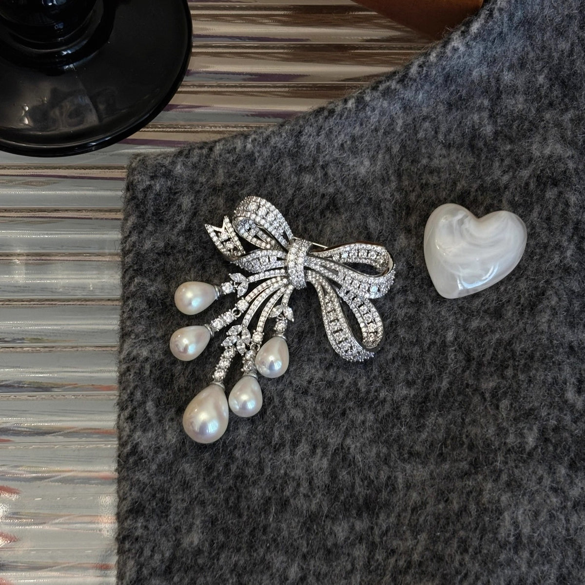 Affordable Luxury Full-Pavé Bow and Pearl Brooch