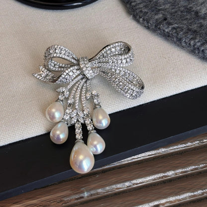 Affordable Luxury Full-Pavé Bow and Pearl Brooch