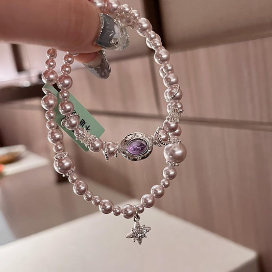 Sweet-style star-shaped rhinestone and pearl bracelet