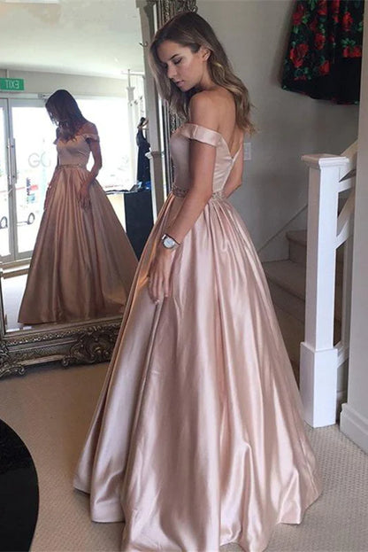 Off The Shoulder A-Line Beaded Satin Long Prom Dresses