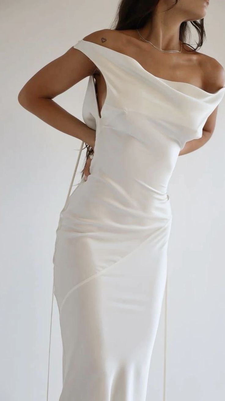 Off-the-shoulder white bodycon wedding dress - simple elegant bridal gown with fitted silhouette
