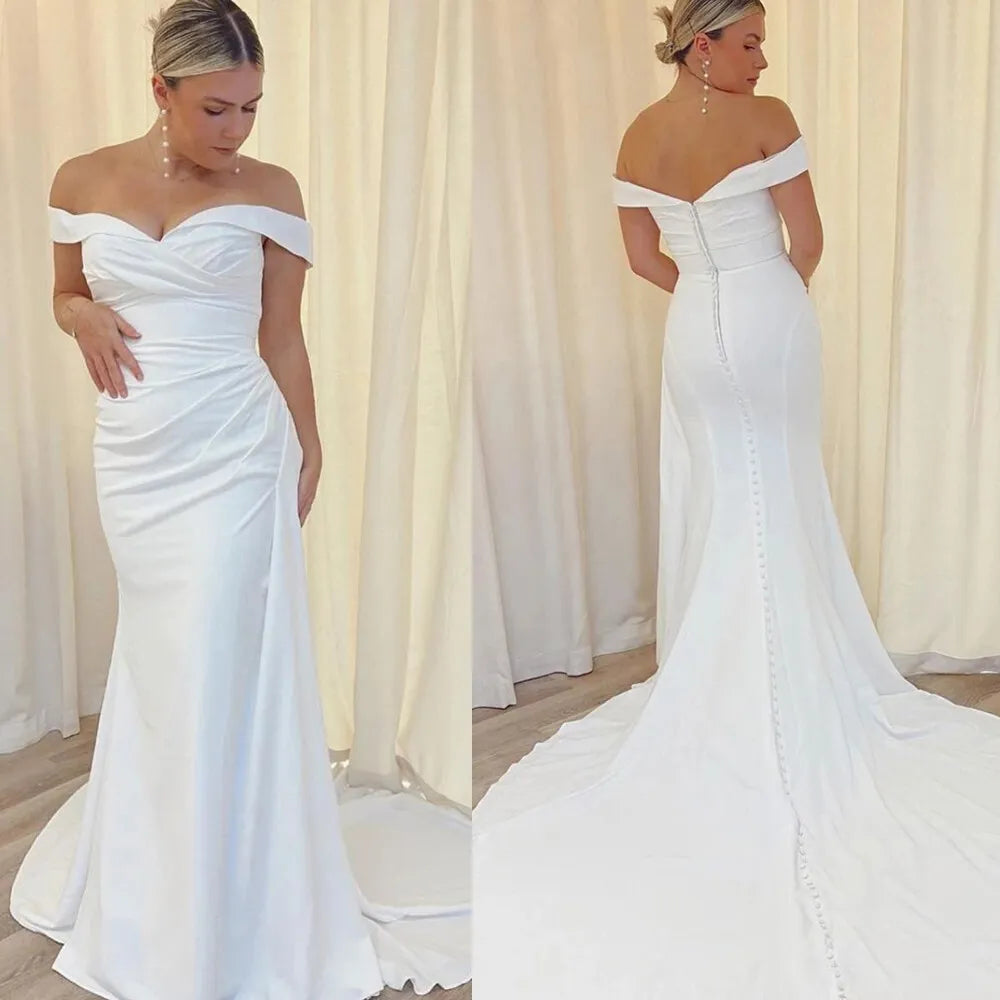 Off Shoulder Satin Mermaid Wedding Dresses White Ivory Bridal Gowns Court Train