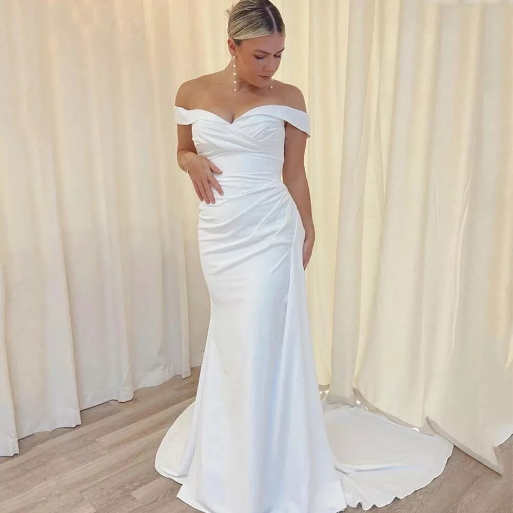 Off Shoulder Satin Mermaid Wedding Dresses White Ivory Bridal Gowns Court Train