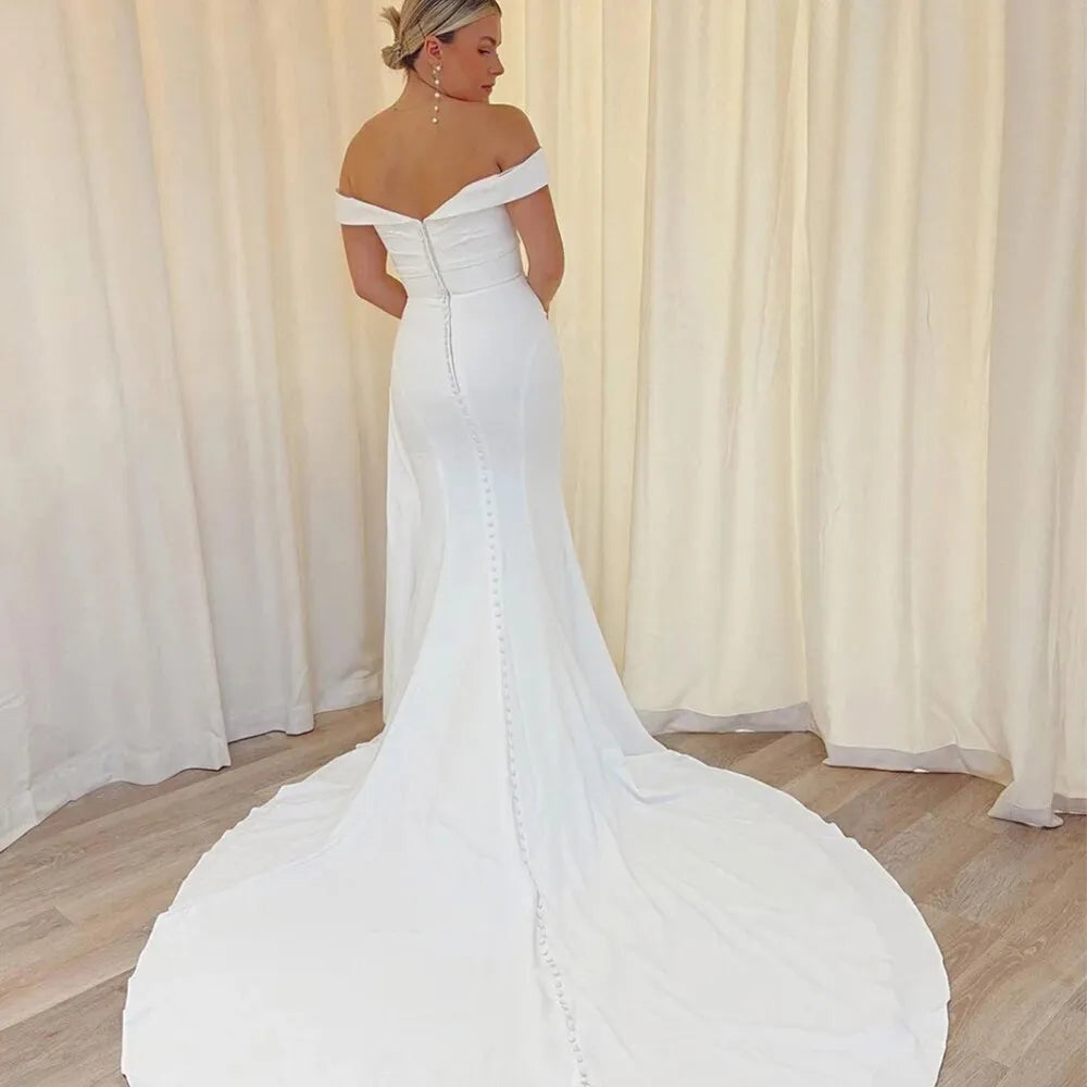 Off Shoulder Satin Mermaid Wedding Dresses White Ivory Bridal Gowns Court Train