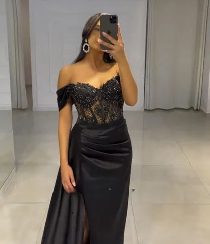 Off The Shoulder Beaded Prom Dress Sexy Evening Dress With High Split