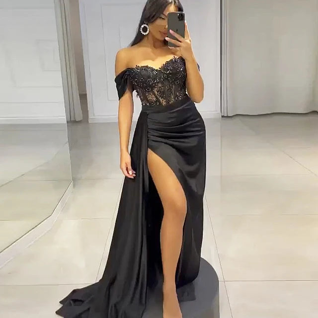 Off The Shoulder Beaded Prom Dress Sexy Evening Dress With High Split