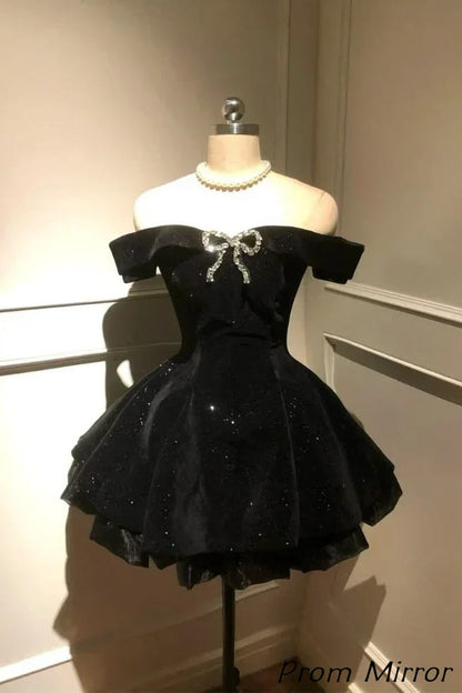 Off The Shoulder Black A-Line Sparkly Homecoming Dress