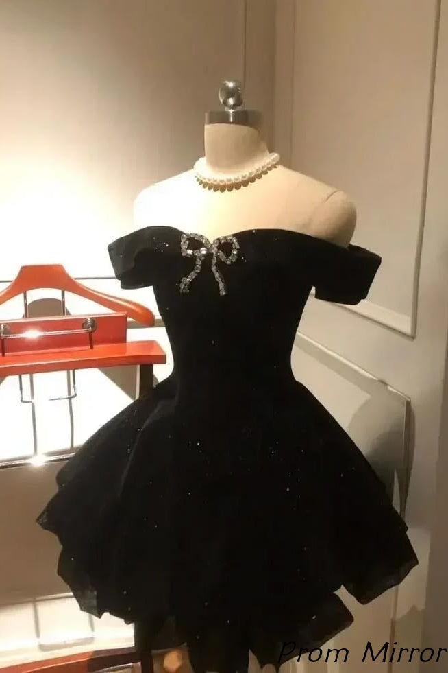 Off The Shoulder Black A-Line Sparkly Homecoming Dress