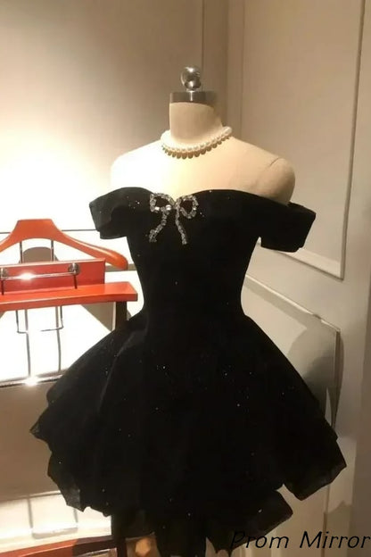 Off The Shoulder Black A-Line Sparkly Homecoming Dress