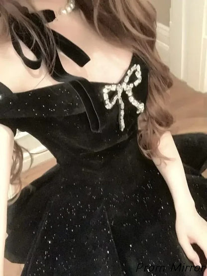 Off The Shoulder Black A-Line Sparkly Homecoming Dress