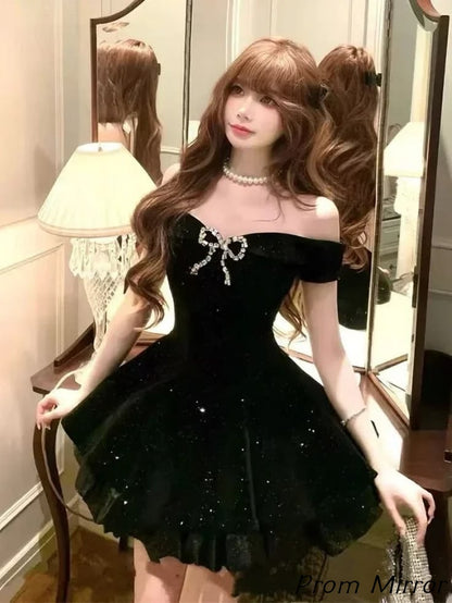 Off The Shoulder Black A-Line Sparkly Homecoming Dress