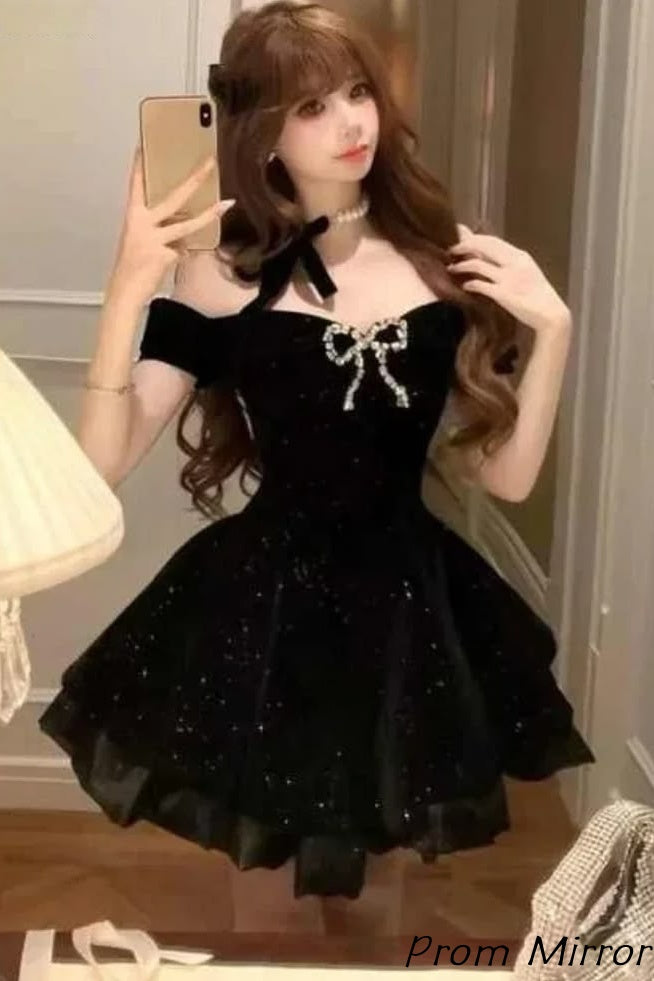 Off The Shoulder Black A-Line Sparkly Homecoming Dress