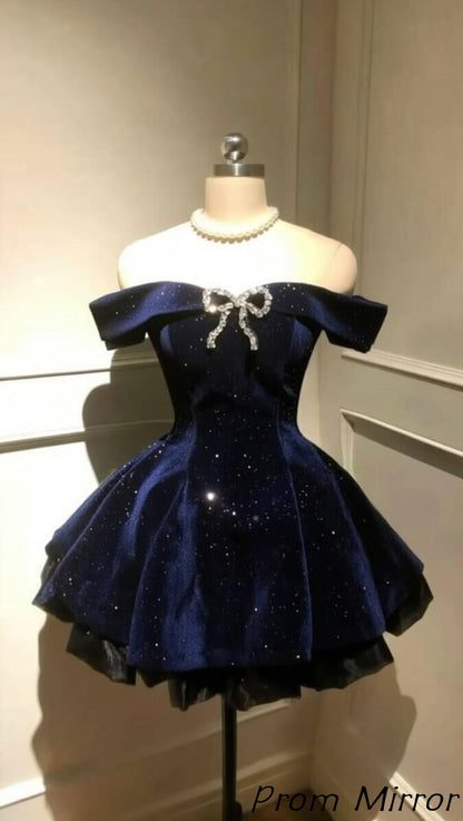 Off The Shoulder Black A-Line Sparkly Homecoming Dress