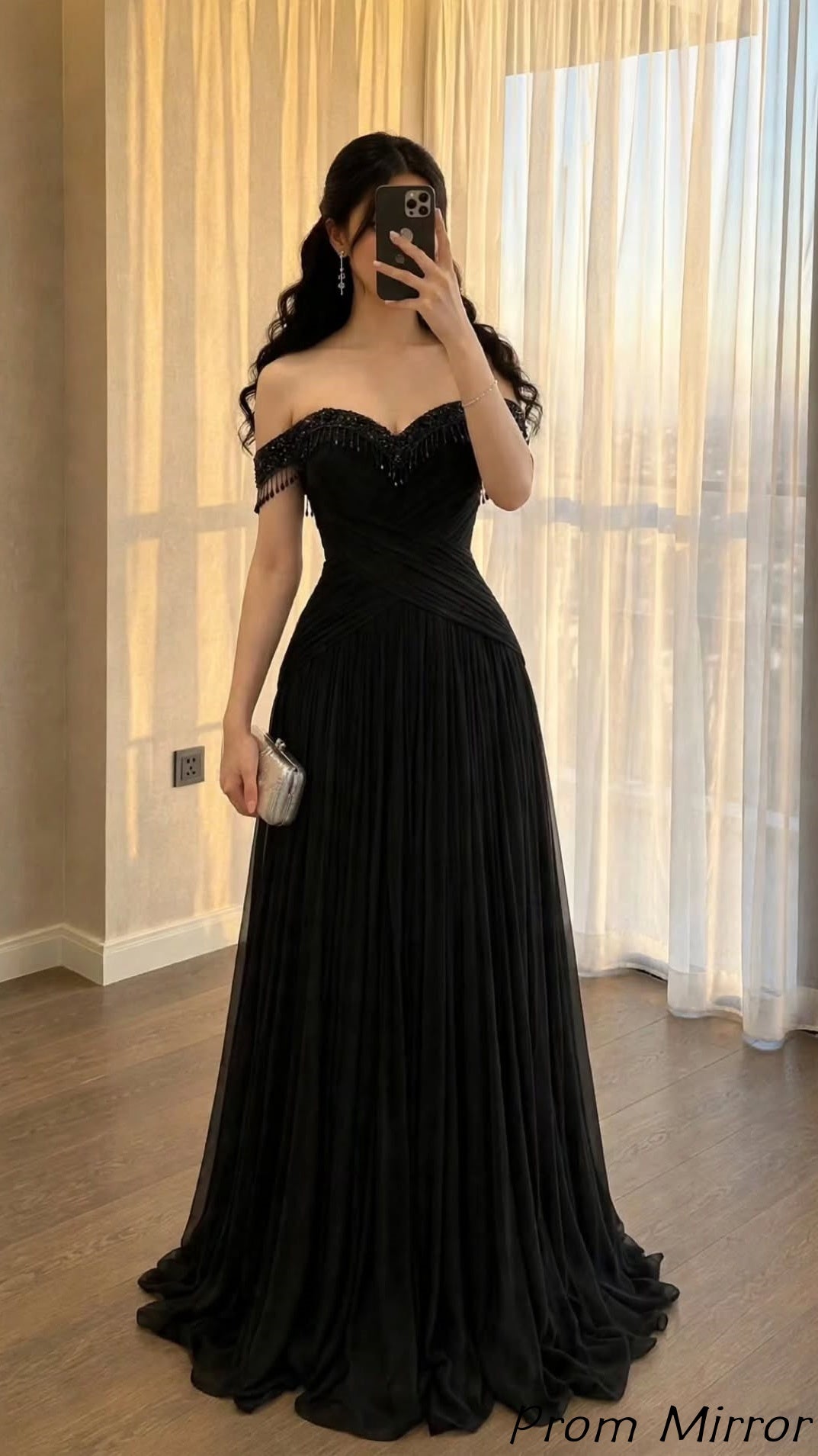 Off The Shoulder Black Chiffon Beaded Prom Dresses, Evening Dress