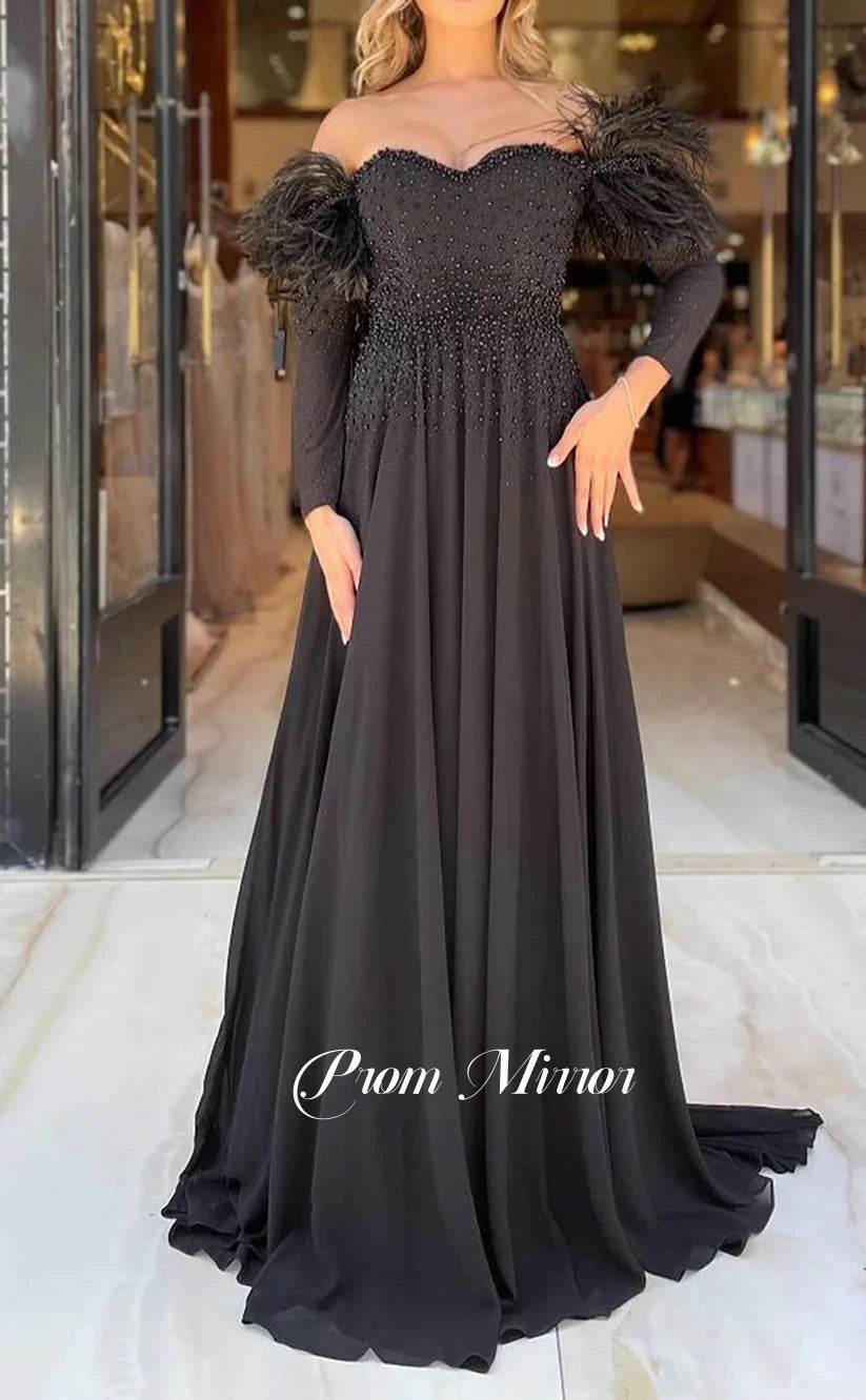 Off The Shoulder Black Feather Long Prom Dresses With Beaded