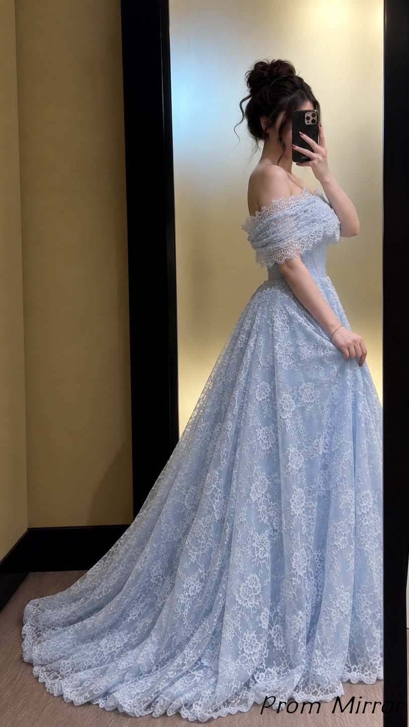 Off The Shoulder Light Blue Lace Prom Dresses, Evening Dress
