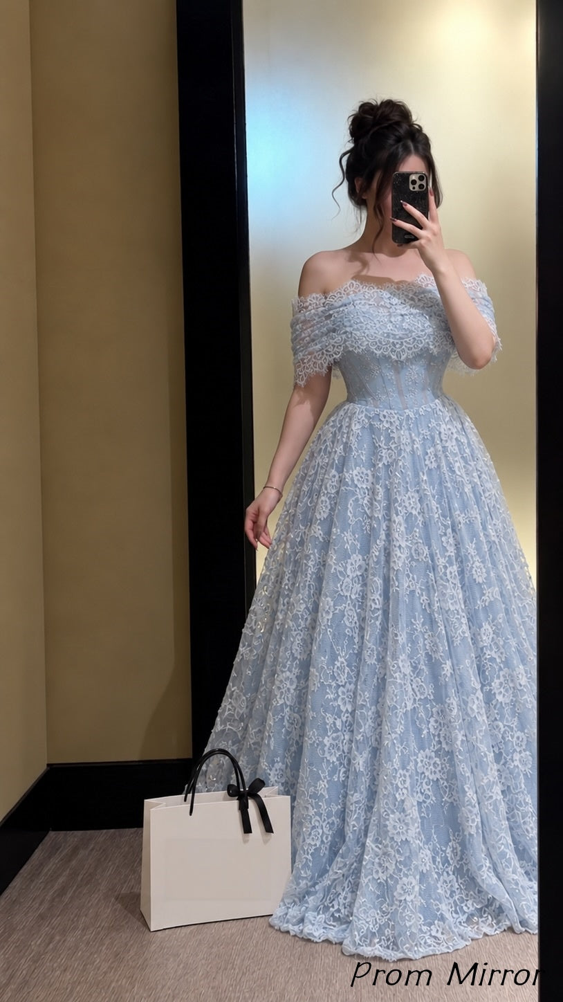Off The Shoulder Light Blue Lace Prom Dresses, Evening Dress