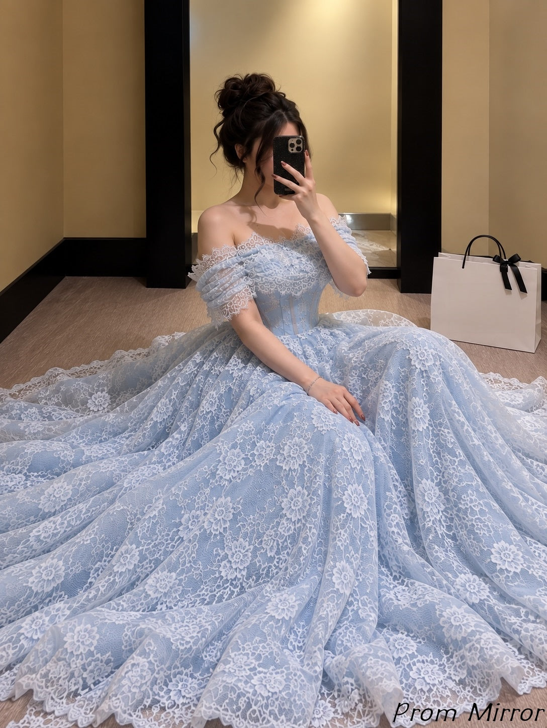 Off The Shoulder Light Blue Lace Prom Dresses, Evening Dress