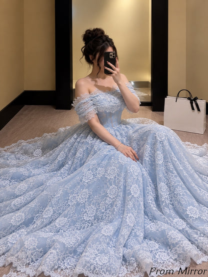 Off The Shoulder Light Blue Lace Prom Dresses, Evening Dress
