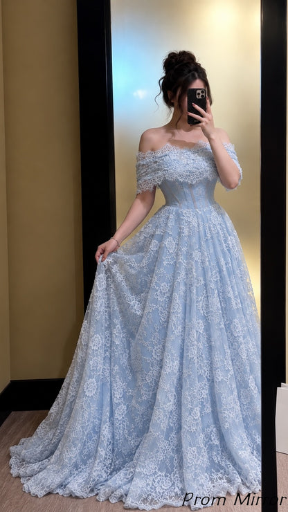 Off The Shoulder Light Blue Lace Prom Dresses, Evening Dress