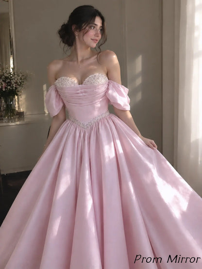 Off The Shoulder Pink Sweetheart Beaded A-Line Long Formal Prom Dresses