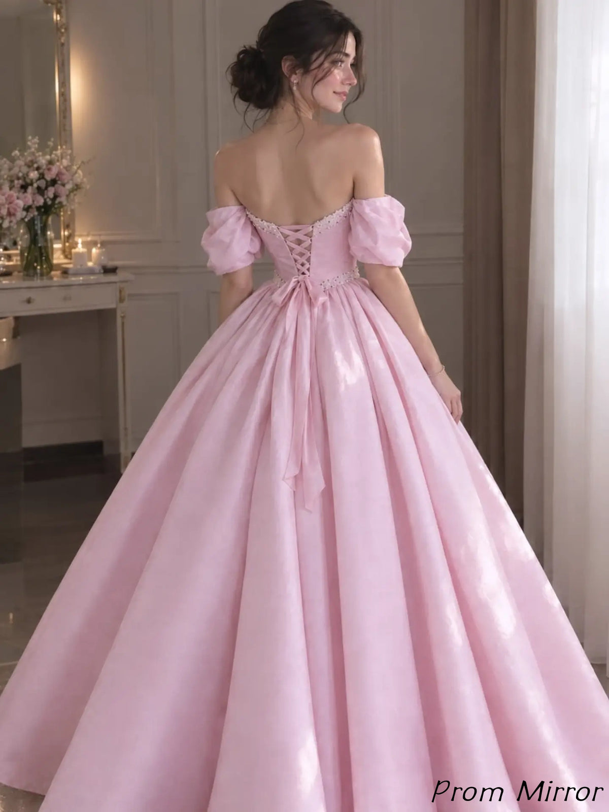 Off The Shoulder Pink Sweetheart Beaded A-Line Long Formal Prom Dresses