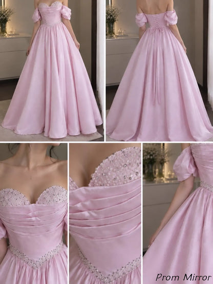 Off The Shoulder Pink Sweetheart Beaded A-Line Long Formal Prom Dresses