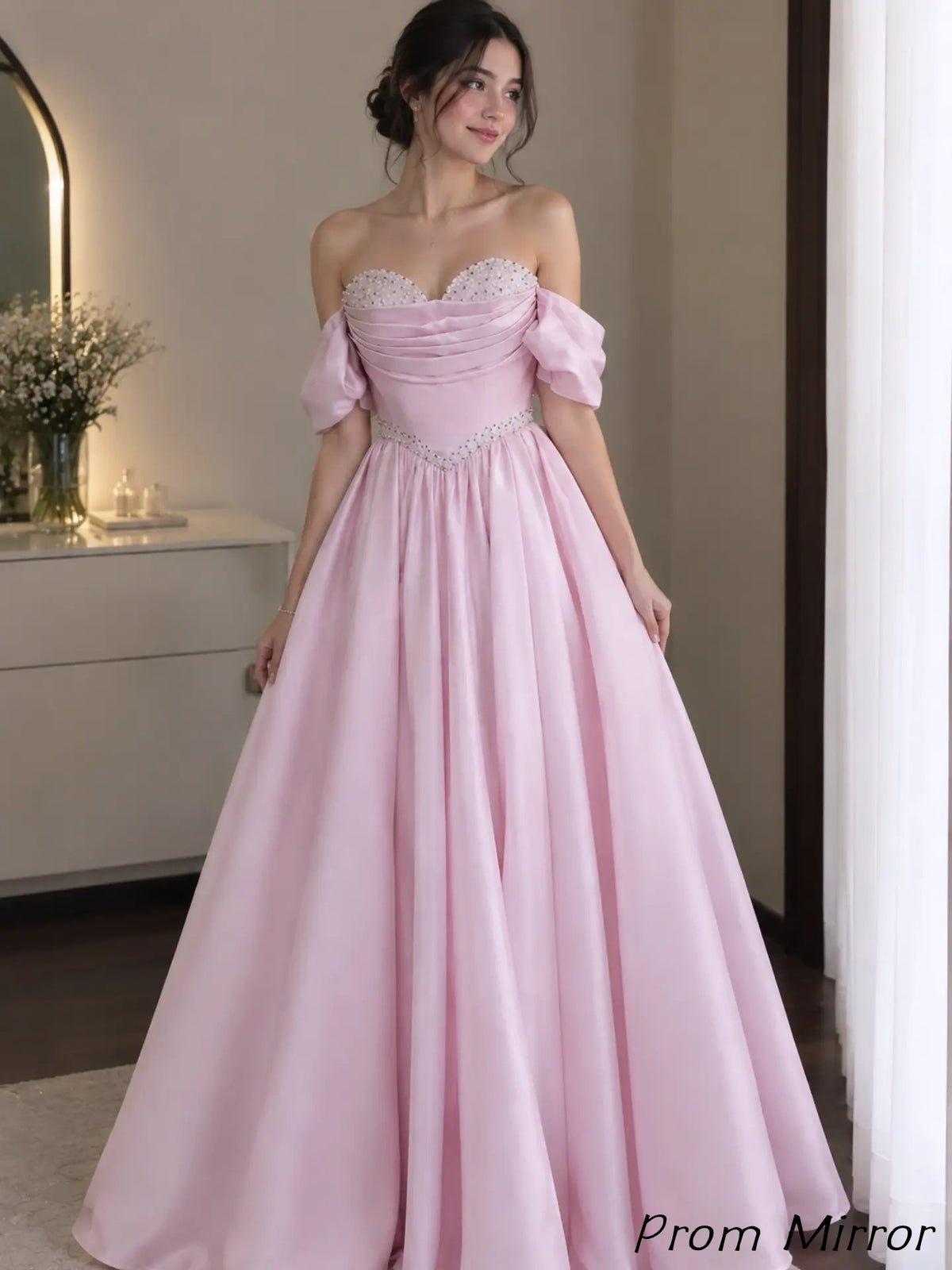 Off The Shoulder Pink Sweetheart Beaded A-Line Long Formal Prom Dresses