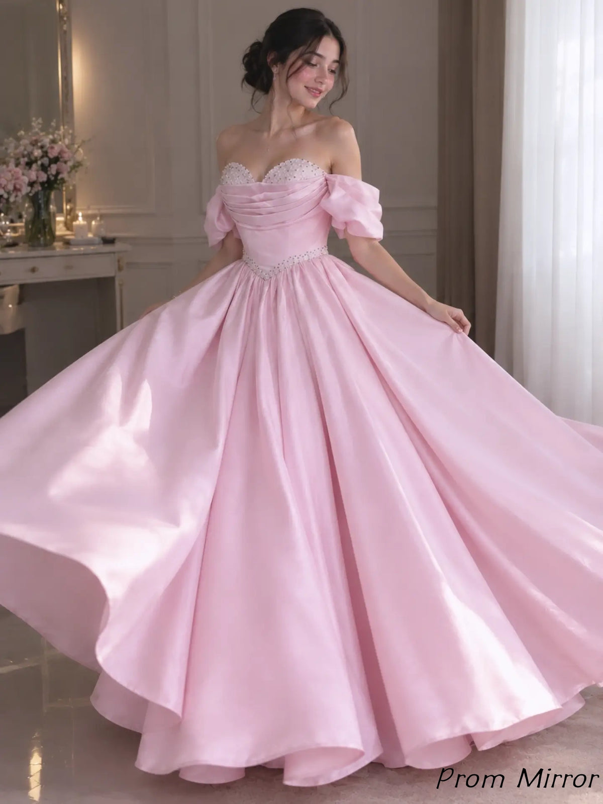 Off The Shoulder Pink Sweetheart Beaded A-Line Long Formal Prom Dresses