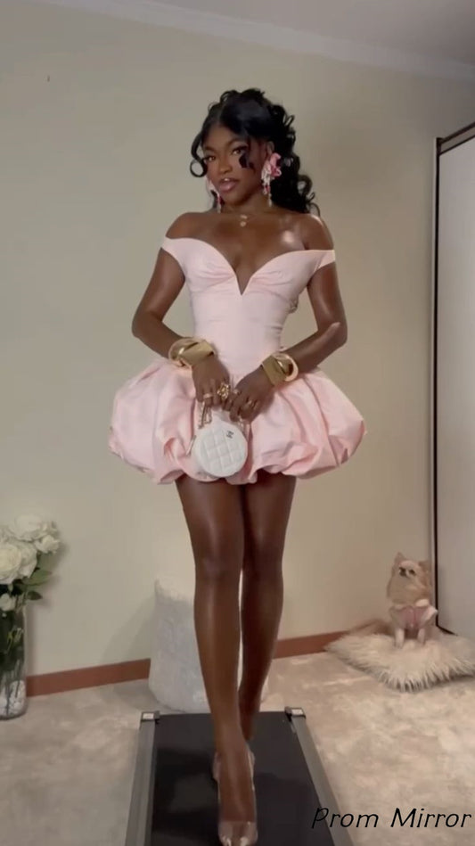 Off The Shoulder Pink V-Neck Homecoming Dresses