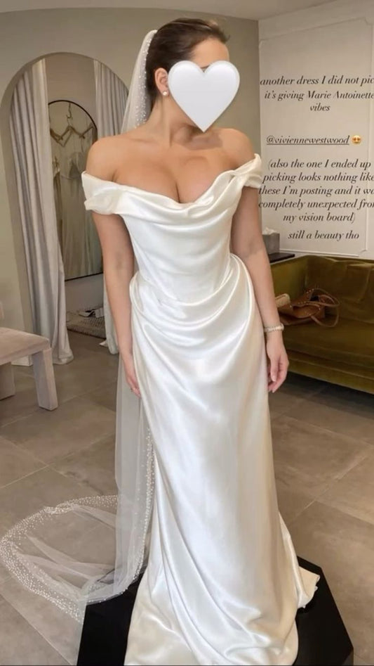 Off The Shoulder Pleated Sheath Long Wedding Gown