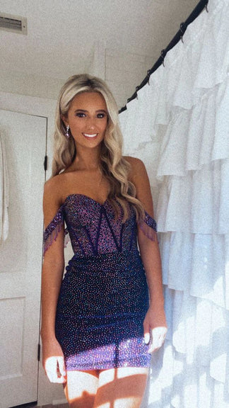 Purple Sequin Off-the-Shoulder Bow-Back Bodycon Homecoming Dress main image 1