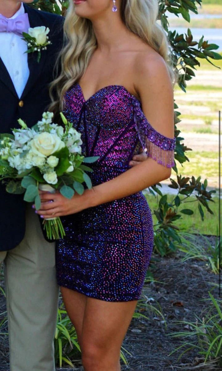 Bodycon Off the Shoulder Pink Sequins Lace Short Homecoming Dress VK25070303