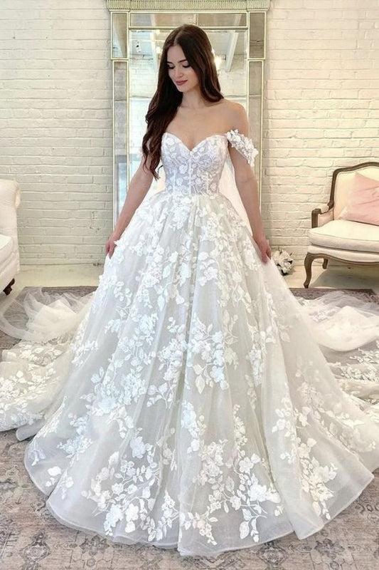 Off The Shoulder White Lace Wedding Dresses With Long Train