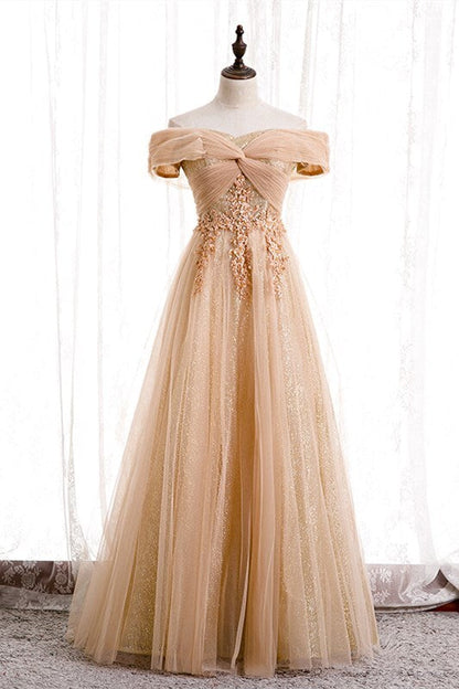 Off the Shoulder Champagne Long Formal Dress