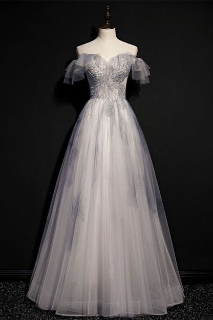 Off the Shoulder Grey Long Formal Dress