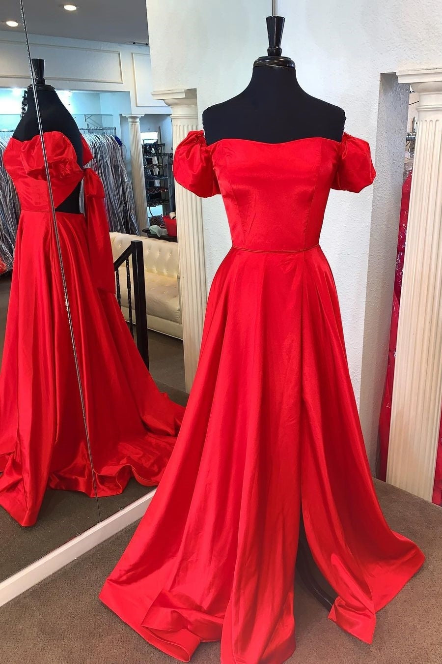 Off the Shoulder Red A-line Long Prom Gown