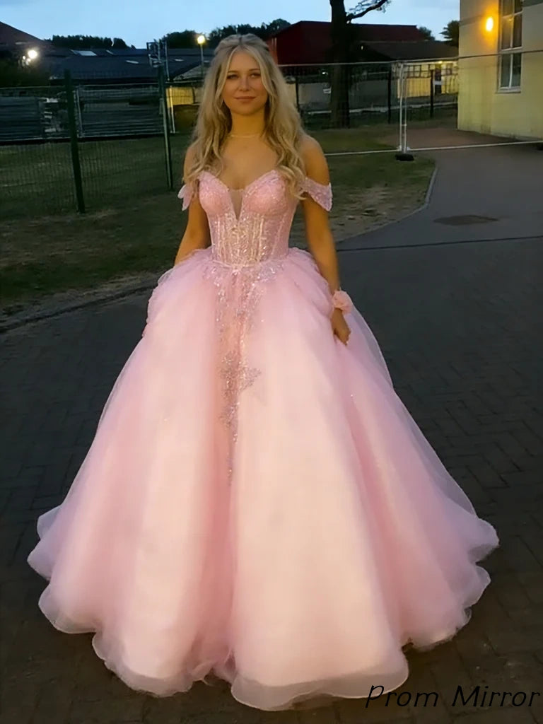 Glitter Pink A-Line Organza Long Prom Dress Off The Shoulder Evening Party Dresses