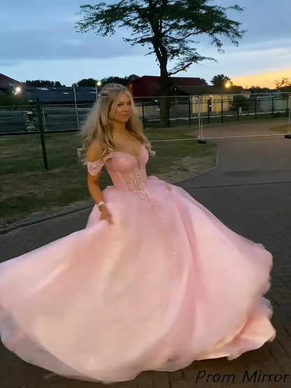 Glitter Pink A-Line Organza Long Prom Dress Off The Shoulder Evening Party Dresses
