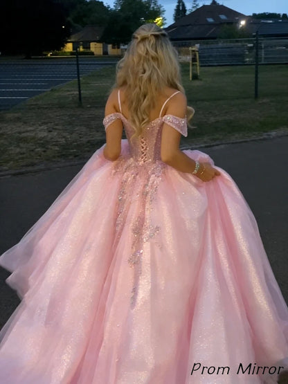 Glitter Pink A-Line Organza Long Prom Dress Off The Shoulder Evening Party Dresses