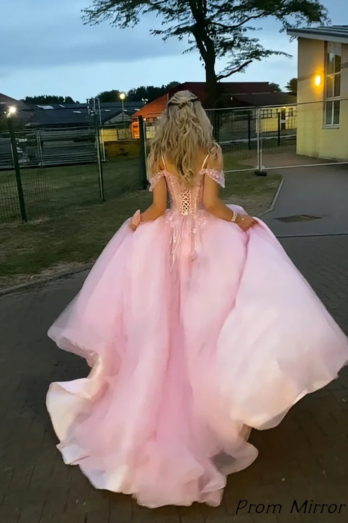 Glitter Pink A-Line Organza Long Prom Dress Off The Shoulder Evening Party Dresses