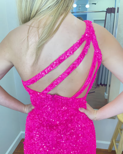 One Shoulder Hot Pink Sequined Homecoming Dresses Tight Mini Celebrity Dress