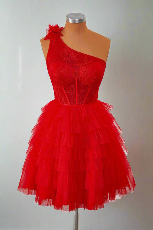 One Shoulder Red Lace Corset Ruffle Short Homecoming Dress